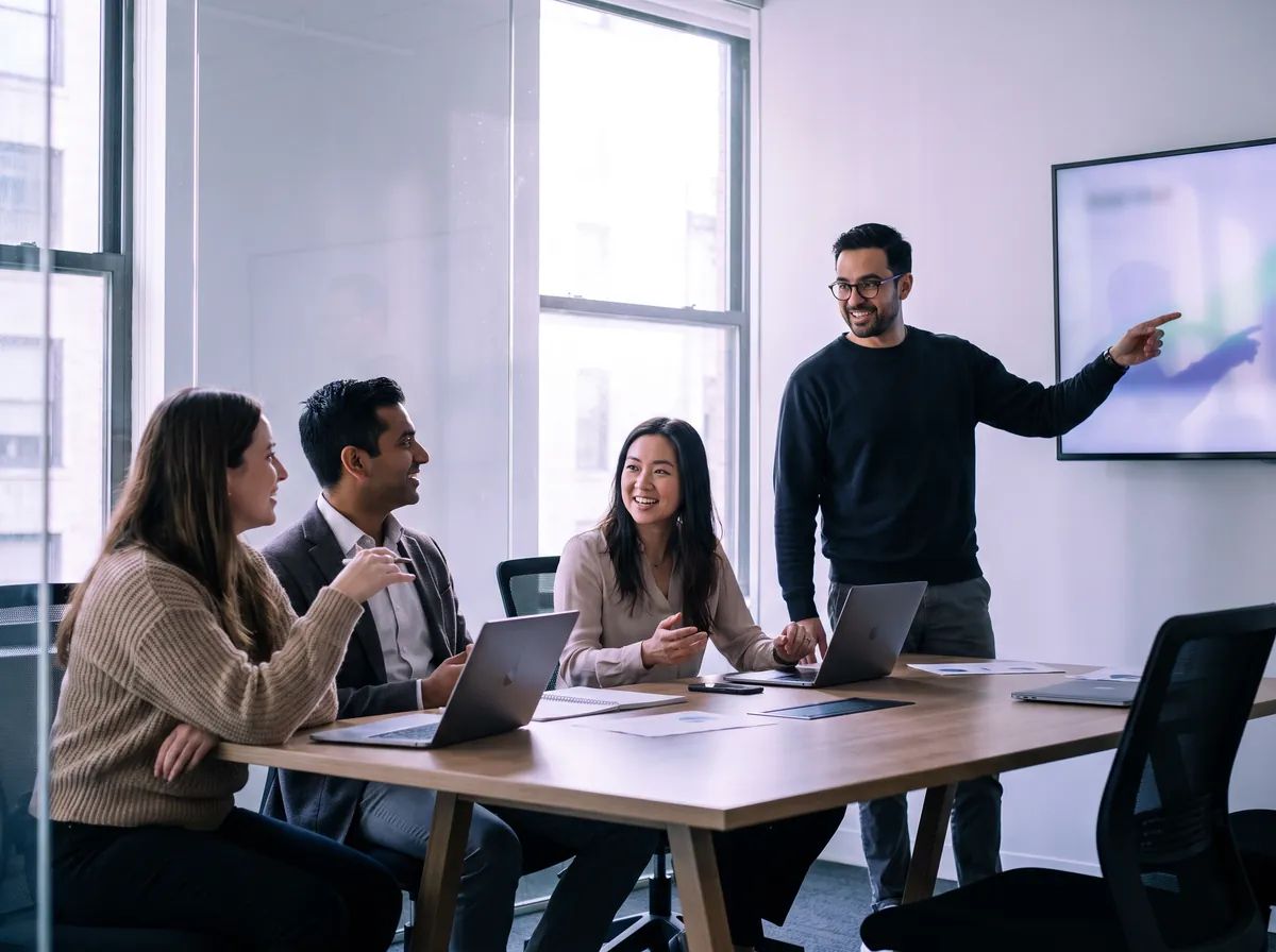 An accounting firm's team meeting around a table, one person presenting