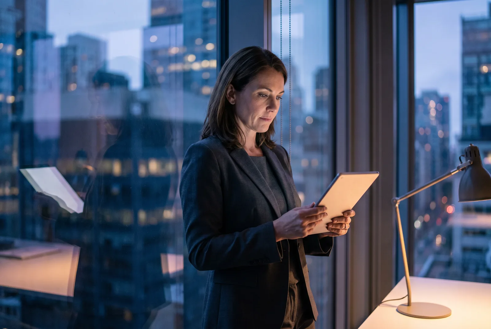 An accountant in a dark blazer reading the books on her tablet by an office window over the city at dusk