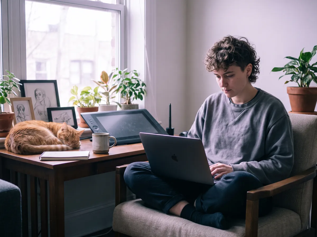 A freelance designer working on a laptop at home, a cat asleep on the desk