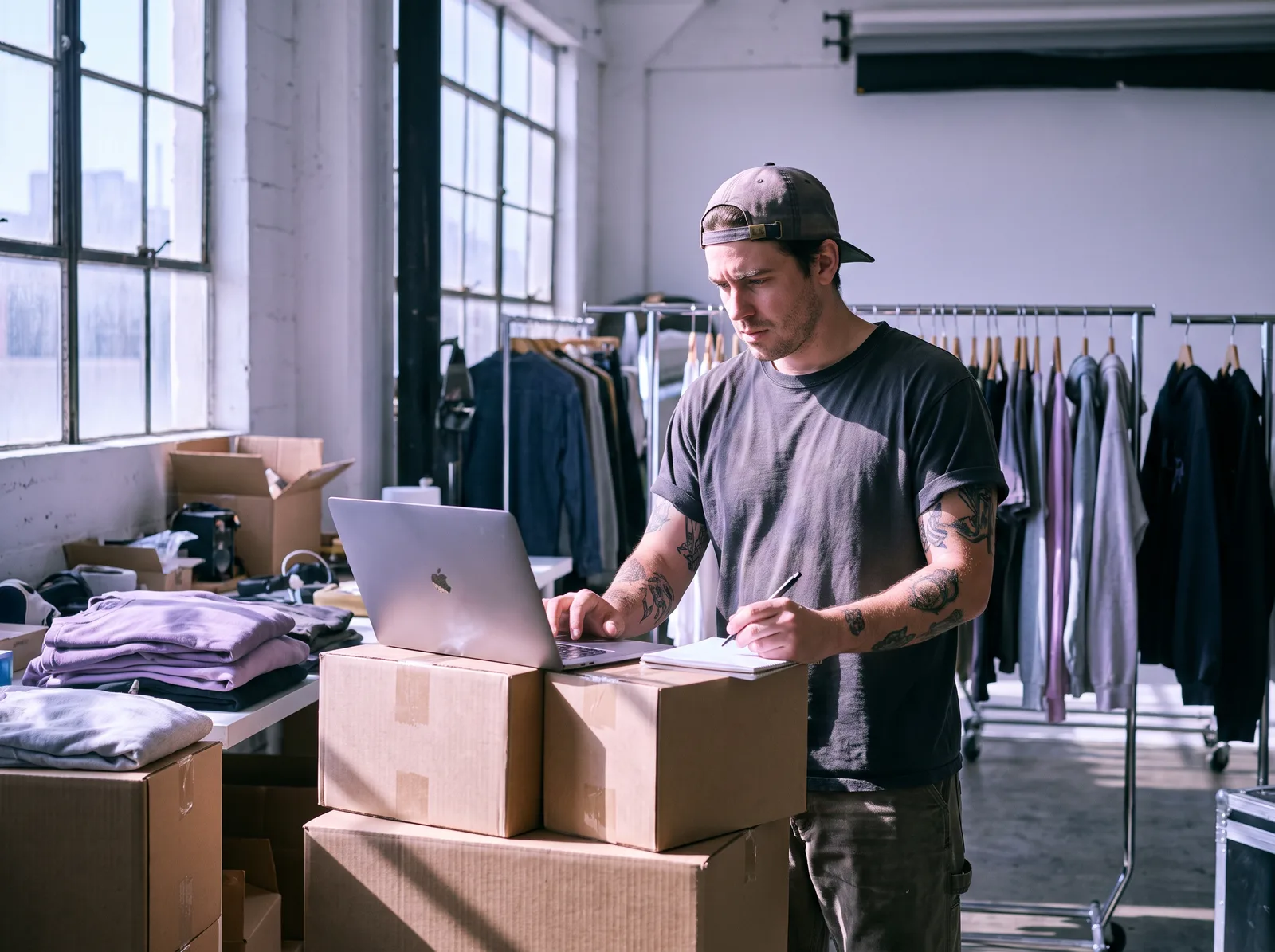 A clothing brand owner checking orders on his laptop in his studio, between shipping boxes and clothing racks