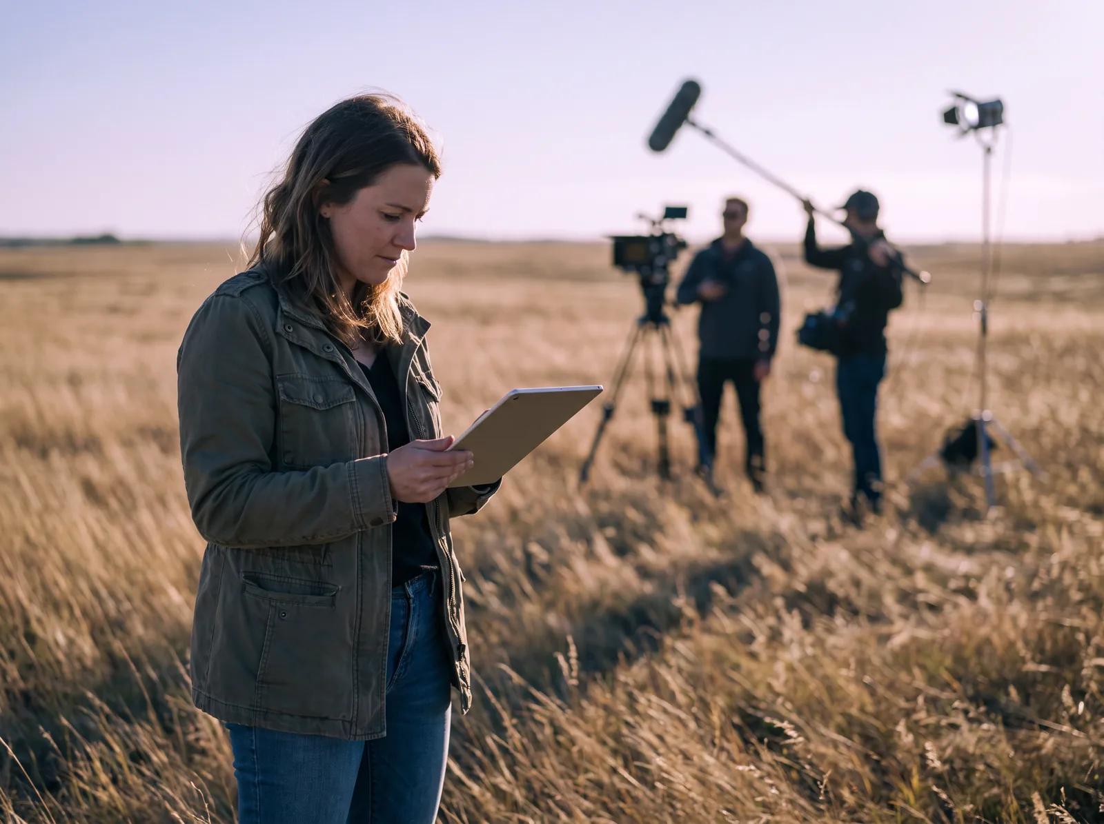 A film producer checking an invoice on her tablet in a field while her crew sets up a shot