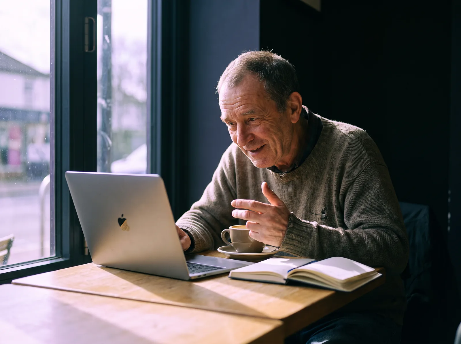 A man at a cafe window smiling at his laptop, a coffee and an open notebook beside him