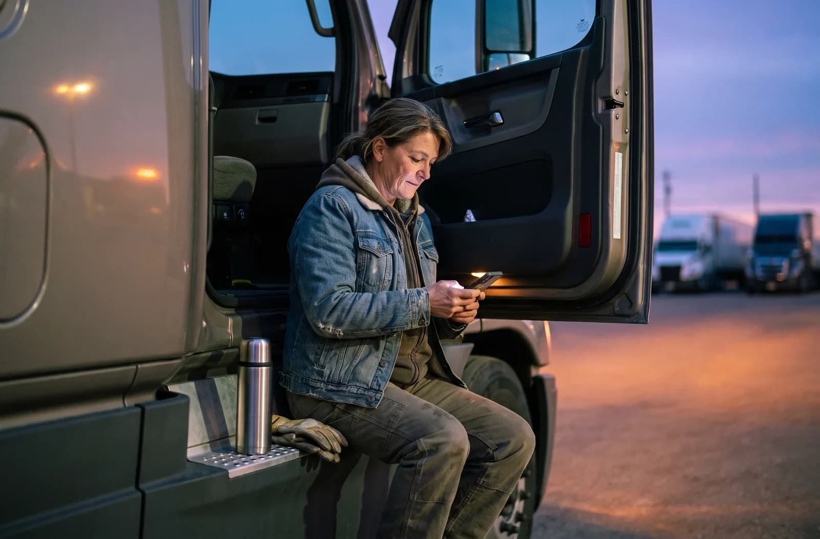 A truck driver sitting on the step of her cab at dusk, checking her books on her phone